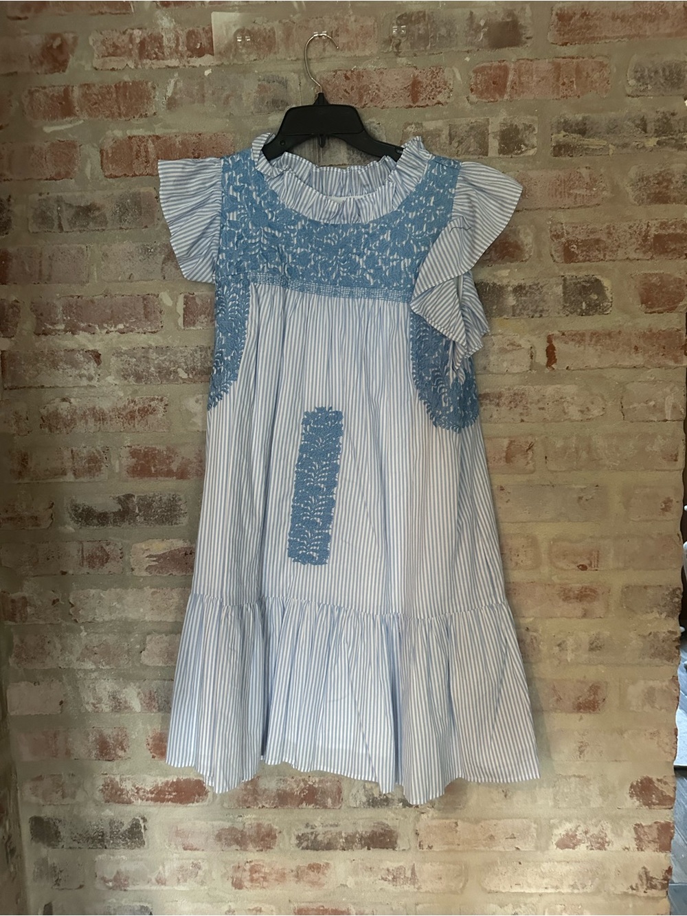 Blue Striped Ruffle-Sleeve Summer Dress